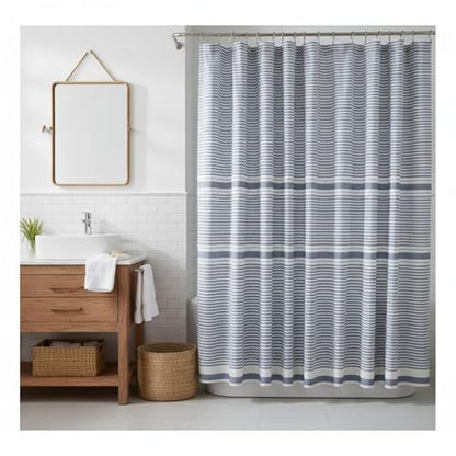 Blue and White Fabric Shower Curtain, Cotton Blend Striped Textured Design, 72 x 72 Shower Curtain, Modern Aesthetic Bathroom Decor, Cozumel - color: Cozumel