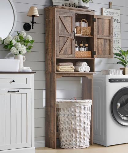 67" Farmhouse Over Toilet Storage Bathroom Cabinet, Rustic Brown | Double Barn Doors, Adjustable Shelf, Open Cubby, Weathered Finish - color: Rustic Brown