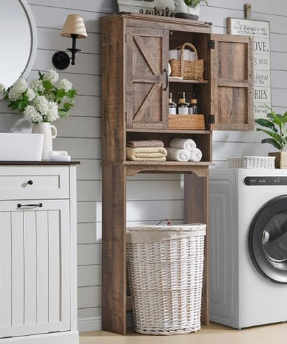 67" Farmhouse Over Toilet Storage Bathroom Cabinet, Rustic Brown | Double Barn Doors, Adjustable Shelf, Open Cubby, Weathered Finish - color: Rustic Brown