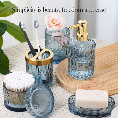 Bathroom Accessory Set 5 Pcs, Glass Bathroom Set Include Soap Dish, Toothbrush Holder, Mousewash Cup, Soap Dispenser, Cotton Swab Jar, Blue - color: Blue, style: 5 Pack