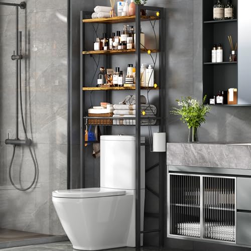 Over-The-Toilet Storage Rack, 4-Tier Bathroom Organizer Shelf Over Toilet with Adjustable Shelf and Basket, Freestanding Space Saver Bathroom Shelves Above Toilet for Room (Rustic Brown) - color: Brown