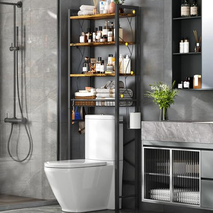 Over-The-Toilet Storage Rack, 4-Tier Bathroom Organizer Shelf Over Toilet with Adjustable Shelf and Basket, Freestanding Space Saver Bathroom Shelves Above Toilet for Room (Rustic Brown) - color: Brown