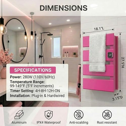 4 Panel Pink Heated Towel Rack for Bathroom Towel Warming | Fast-heat in 2-3 minutes. Dry towels in 4 hours. Smart thermo control and precise timer, Work with Smart Plug. - size: 4 Panel