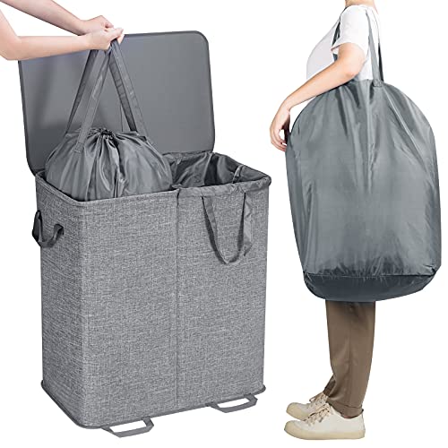 Lifewit Double Laundry Hamper with Lid and Removable Laundry Bags, Large Collapsible 2 Dividers Dirty Clothes Basket with Handles for Bedroom, Laundry Room, Closet, Bathroom, College, 136L Gray - color: Gray, size: 136L
