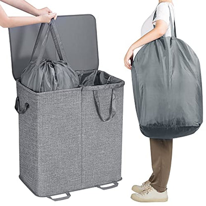 Lifewit Double Laundry Hamper with Lid and Removable Laundry Bags, Large Collapsible 2 Dividers Dirty Clothes Basket with Handles for Bedroom, Laundry Room, Closet, Bathroom, College, 136L Gray - color: Gray, size: 136L