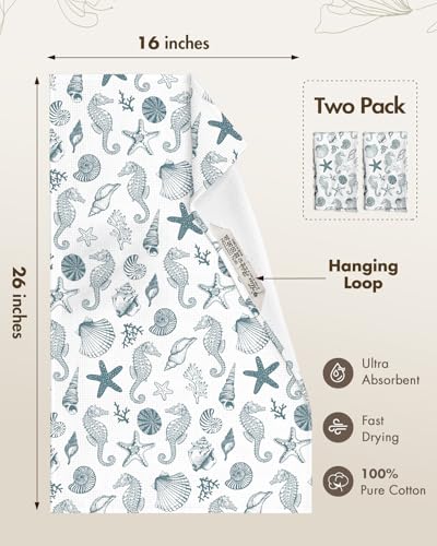 2pcs Cotton Waffle Kitchen Towels, Nautical | Waffle Weave, Terry Cloth, Pure Cotton, Sustainable, 16"x26", Highly Absorbent, with Hanging Loop, Giftable Package - color: Coastal