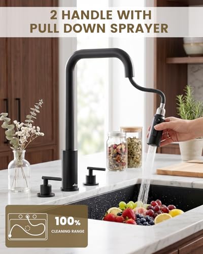 APPASO 4 Hole Black Kitchen Faucet with Pull Down Sprayer & Soap Dispenser | Matte Black Square Neck Kitchen Sink Faucet with Dual Handle, Stainless Steel for 3 and 4-Hole Sinks, Easy to Install - color: 3-Black