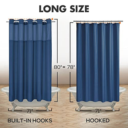 River Dream No Hook Long Shower Curtain with Snap-in Liner 71x80, Navy | Snap on/off Waterproof PEVA Liner, See Through Top Window, Slub Textured, Hotel Style Shower Curtain Set, 71W x 80H - color: Navy, size: 71"W x 80"L (Pack of 1)
