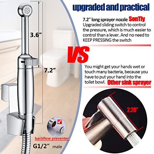 SonTiy Handheld Bidet Sprayer for Toilet, All Metal Cloth Diaper Toilet Sprayer Bidet Attachment with Backflow Preventer, Adjustable Water Jet Spray, 7.2" Brass Hand Held Bidet Wand, Chrome