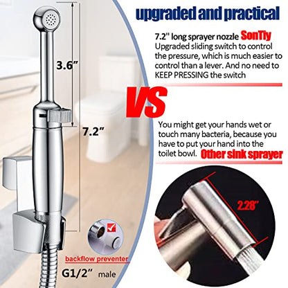 SonTiy Handheld Bidet Sprayer for Toilet, All Metal Cloth Diaper Toilet Sprayer Bidet Attachment with Backflow Preventer, Adjustable Water Jet Spray, 7.2" Brass Hand Held Bidet Wand, Chrome