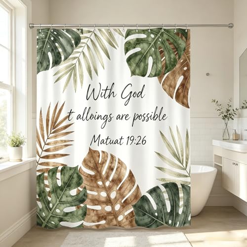 Bible Verse Shower Curtain, Christian Scripture Inspirational Quotes, Tropical Green Plant Shower Curtain,72x72 Inch Waterproof Polyester Insulated,with 12 Hooks - color: Multicolor Bb