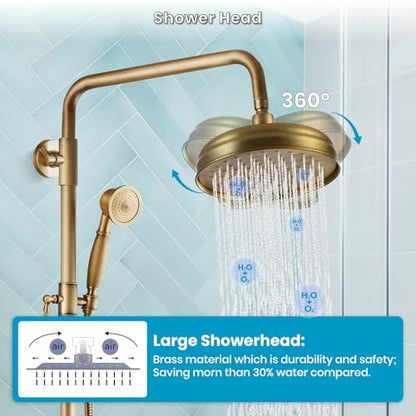 gotonovo Exposed Shower System Wall Mount,Antique Brass,Metal Handheld | 8” Rain Shower Head Faucet Set Fixtures,2 Function,Two Cross Handle,Height Adjustable,for 5-6.7" Hole,Indoor Victorian Retro - color: Antique Gold