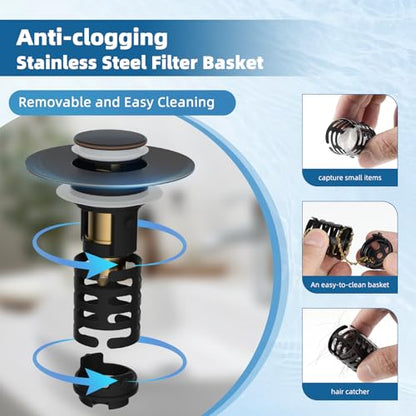 Universal Upgraded Bathroom Sink Drain Stopper, 4-in-1, Oil-Rubbed Bronze | Hair Catcher Pop-Up Sink Strainer with 2-Layer Removable Stainless Steel Basket, Anti-Clog Drain Plug for 1.1"-2.36" Basin - color: Oil Rubbed Bronze