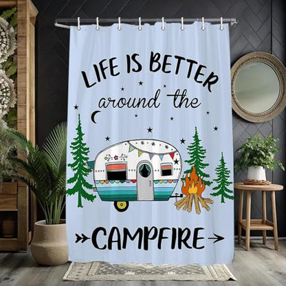 JAWO RV Shower Curtain, Happy Camper Shower Curtain for Travel Trailer, Farmhouse Camping Shower Curtain Hooks Included (47" W x 72" H), Aqua - color: Multi2, size: 47"W x 72"L (Pack of 1)