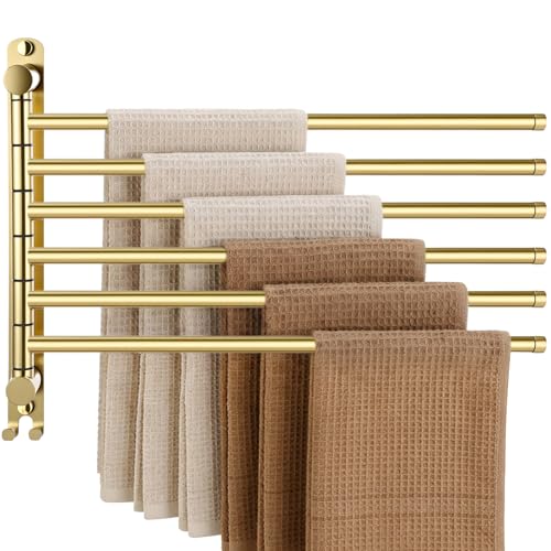 Teenyyou 16.5 Inches Swivel Towel Rack 304 Stainless Steel 6 Arms Bathroom Towel Rack Hanger Pool Holder Wall Mounted Swivel Bar Space Saving with Hook(Gold) - color: Gold, size: 16.5 Inches, style: 6 Arms