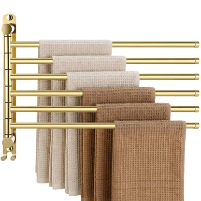 Teenyyou 16.5 Inches Swivel Towel Rack 304 Stainless Steel 6 Arms Bathroom Towel Rack Hanger Pool Holder Wall Mounted Swivel Bar Space Saving with Hook(Gold) - color: Gold, size: 16.5 Inches, style: 6 Arms