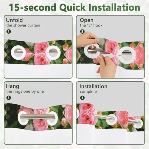 No Hook Floral Shower Curtain with Liner, Washable Cloth Fence Pink Roses Shower Curtain with Mesh Top Window and Weighted Bottom, Waterproof Fabric Summer Shower Curtains for Bathroom, 71"W x 74"L - color: Fence Rose