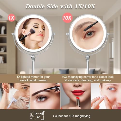 Tabletop Makeup Mirror with Built-in Vanity Tray, 9" Rechargeable 4000mAh Lighted Vanity Mirror 1X/10X Magnification, Height-Adjustable Arm, 3 Color Dimmable (9Inch Chrome) - color: 9inch Chrome