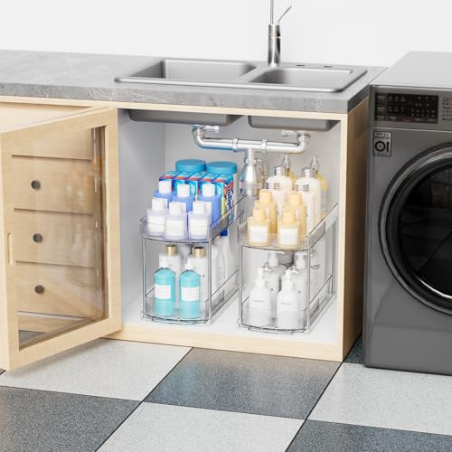 2 Pack Large Pull Out Bathroom Organizers and Storage,2 Tier 12.8″ Tall Sliding Kitchen Under Sink Organizer for Cleaning Products Storage,Acrylic Clear Bathroom inder Sink Organizer,Undersink Storage - style: 2 Pack-2 Tier