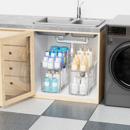 2 Pack Large Pull Out Bathroom Organizers and Storage,2 Tier 12.8″ Tall Sliding Kitchen Under Sink Organizer for Cleaning Products Storage,Acrylic Clear Bathroom inder Sink Organizer,Undersink Storage - style: 2 Pack-2 Tier