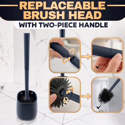 Toilet Bowl Brush and Holder, Silicone and Plastic (Black) | Compact Toilet Brush, Easy to Place and Simple to Store After Use, Strong Rubber Plunger & Stiff Bristle Brush - color: Black