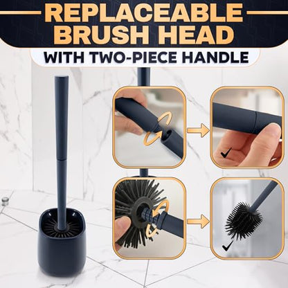 Toilet Bowl Brush and Holder, Silicone and Plastic (Black) | Compact Toilet Brush, Easy to Place and Simple to Store After Use, Strong Rubber Plunger & Stiff Bristle Brush - color: Black