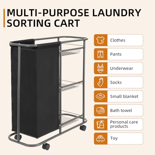 3-Tier Rolling Laundry Cart with Wheels and 45L Bag, Black | Between Washer and Dryer, Heavy Duty, For Narrow Space Laundry Room Bathroom Bedroom - color: Black