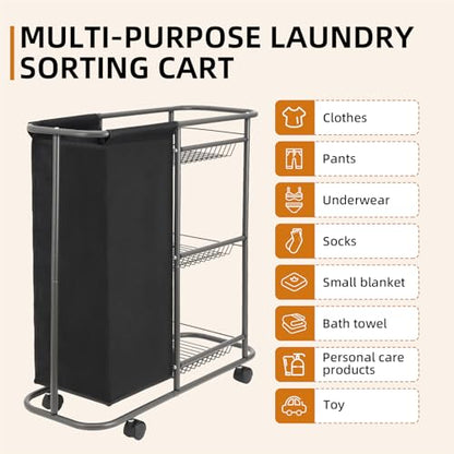 3-Tier Rolling Laundry Cart with Wheels and 45L Bag, Black | Between Washer and Dryer, Heavy Duty, For Narrow Space Laundry Room Bathroom Bedroom - color: Black