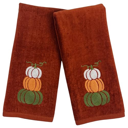 Serafina Home Fall Bathroom Hand Towels - Set of 2 100% Cotton Rust Dark Orange Embroidered Stacked Pumpkins with Stitched Border Design- 16" x 25" Autumn Bath & Kitchen Decor - color: Stacked Pumpkins