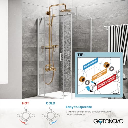 gotonovo Exposed Shower System with Shelf 2 Cross Handle Antique Brass | Bathroom Brass Shower Faucet Set,8’’ Rainfall Head with Handheld Sprayer,SUS304 Shelf,6’’ Hole Distance,Adjustable Height - color: Antique Gold