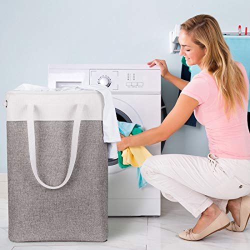 Laundry Basket with Handles white&Grey Coffee-Slim Laundry Bin Collapsible Dirty Clothes Basket Narrow Laundry Bag Foldable Dirty Hamper for Camping, Dorms, Apartments - color: white&Grey Coffee