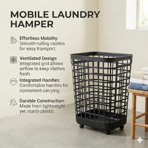 Heavy Duty Rolling Laundry Hamper with Wheels - 2.6 Bushel (90L+) Large Plastic Laundry Basket, Tall Ventilated Dirty Clothes Organizer for Bedroom, Bathroom & Dorm Room, No Assembly Required (Black) - size: Black