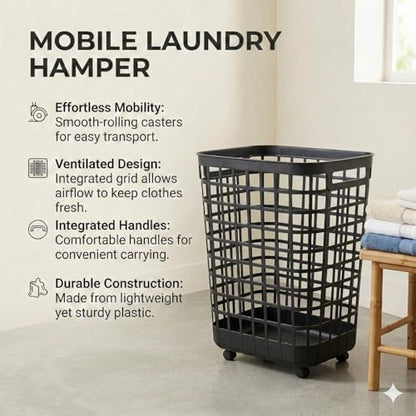 Heavy Duty Rolling Laundry Hamper with Wheels - 2.6 Bushel (90L+) Large Plastic Laundry Basket, Tall Ventilated Dirty Clothes Organizer for Bedroom, Bathroom & Dorm Room, No Assembly Required (Black) - size: Black