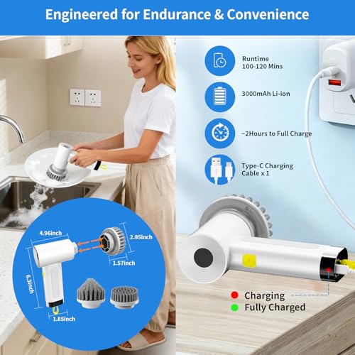 3000mAh Cordless Electric Spin Scrubber for Kitchen Bathroom Car | 20W High-Torque IPX7 Waterproof Cleaning Brush with 6 Replaceable Heads, Dual Speed 150-180 Mins Runtime - size: S2 M