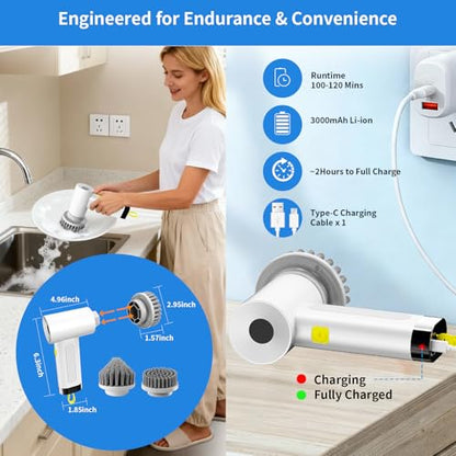 3000mAh Cordless Electric Spin Scrubber for Kitchen Bathroom Car | 20W High-Torque IPX7 Waterproof Cleaning Brush with 6 Replaceable Heads, Dual Speed 150-180 Mins Runtime - size: S2 M