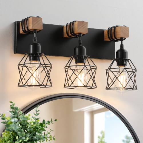 Farmhouse Vanity Light Fixture,3-Light Bathroom Lighting,Black Industrial Wood Wall Light Over Mirror with Metal Shade,Bulbs NOT Included - color: Black, size: 3-Light-Wide 18"