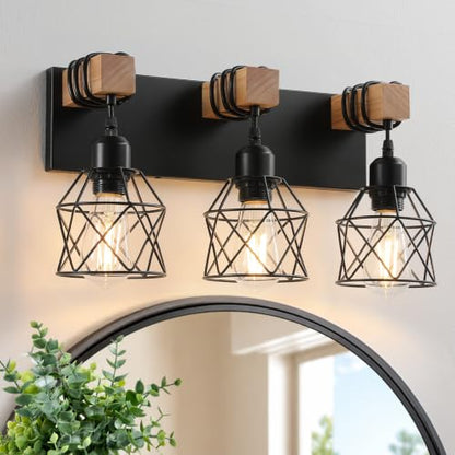 Farmhouse Vanity Light Fixture,3-Light Bathroom Lighting,Black Industrial Wood Wall Light Over Mirror with Metal Shade,Bulbs NOT Included - color: Black, size: 3-Light-Wide 18"
