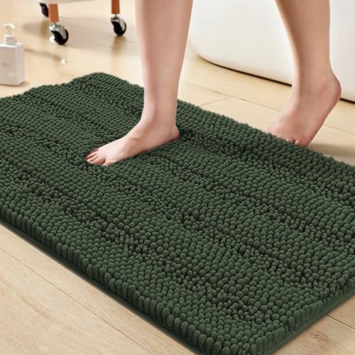 Turquoize Bathroom Rugs Shaggy Chenille Bath Rug Non Slip Thick Shaggy Bath Mats for Bathroom Chenille 1-Piece Bath Mat Set, Soft Super Absorbent Shower Rug Washable Mats, 20"x32", Bronze Green - color: Bronze Green, size: 20" x 32"