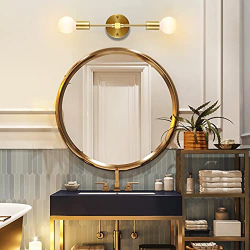 Brushed Brass Wall Sconce 2 Lights Bathroom Vanity Modern Industrial Wall Lamp Wall Mount Lighting Fixture（Gold Color）