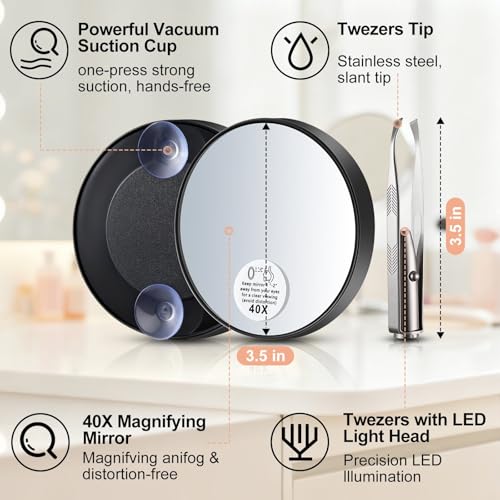 LED Lighted Tweezers & 40X Magnifying Mirror with Suction Cup Set | Portable 2 in 1 Hands-Free Makeup Mirror with Light and Precision Light Up Tweezers, Premium Quality & Ideal Gift Choice