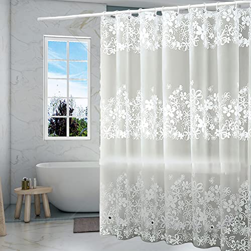 TIKABC Shower Curtain Liner, 4G PEVA Shower Liner, Plastic Waterproof Shower Curtains, with Grommet Holes and 3 Magnetic Weights(White Flower) - color: White Flower