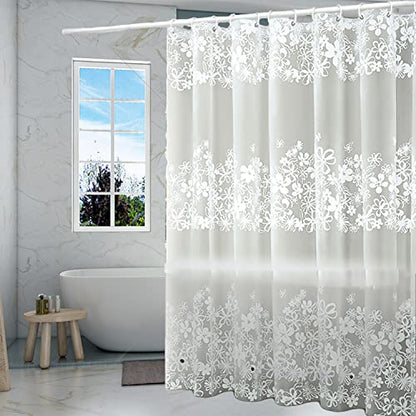 TIKABC Shower Curtain Liner, 4G PEVA Shower Liner, Plastic Waterproof Shower Curtains, with Grommet Holes and 3 Magnetic Weights(White Flower) - color: White Flower