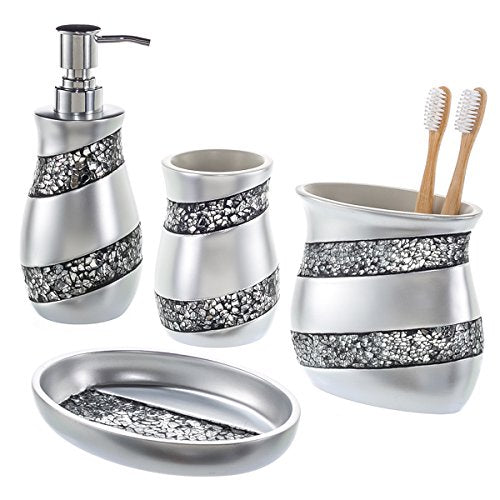 Creative Scents Mosaic Glass 4 Pc. Silver Resin Bathroom Accessories Set | Includes Soap Dispenser, Toothbrush Holder, Tumbler Cup & Soap Dish