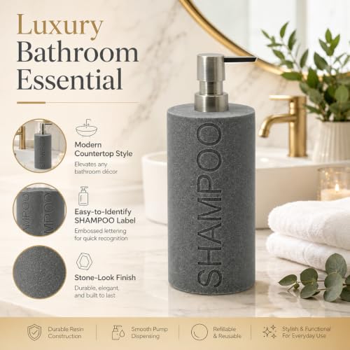 Resin Neutral Gray Sandstone Shampoo Engraved Bottle Refillable Pump Dispenser, Durable Waterproof Resin Construction for Bath, Shower - Gray Sandstone Satin Nickel Pump - color: Gray Sandstone Resin, Nickel Pump - Shampoo