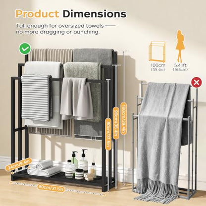 Freestanding Towel Rack, 3 Tier Wide Bamboo Stand with Shelf for Bathroom | 31.5"W × 9.4"D × 39.4"H • Black • Waterproof • Blanket rack • Blanket holder • Ventilated • Bottom shelf • Anti-tip - color: Black