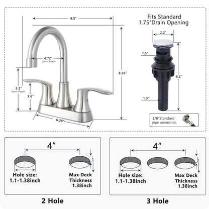 Friho 4 Inch Centerset Bathroom Faucet, 3 Hole Brushed Nickel Lead-Free Stainless Steel 2-Handle RV Vanity Faucet with Pop-up Drain & Supply Hoses - color: Brushed Nickel