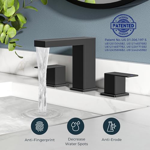 FORIOUS Waterfall Black Bathroom Faucet 3 Hole, 8 Inch Widespread Faucets | Waterfall Bathroom Faucet Widespread, Matte Black Faucet for Bathroom Sink 3 Holes Vanity with Drain and Hoses for Wholesale - color: Matte Black, style: Transitional