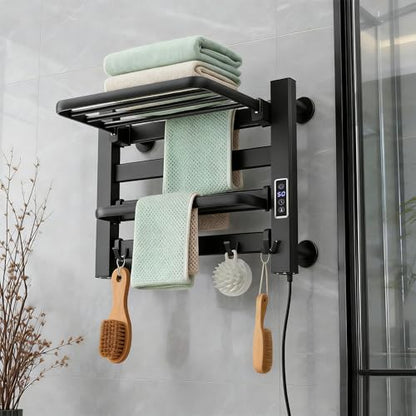 Towel Warmer Rack, Space Aluminum Electric Heated Towel Racks for Bathroom, 4 Bars Wall Mounted Bath Towel Heater with Built-in Timer&Temperature Adjustment, Plug-in, Matte Black - color: Matte Black