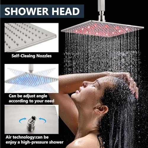 Aolemi Ceiling Shower Faucet Set with Handheld 12" LED Head Brushed Nickel | Handheld Spray,12 Inch Rain LED Head,Shower Valve and Trim Kit,All Metal,Ceiling System,Bathroom Mixer - color: Nickel, size: 12 Inch LED Shower Head