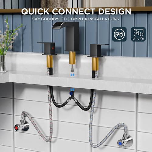 QFN Waterfall Bathroom Faucet 3 Hole 8 inch Widespread Matte Black 2 Handle | Bathroom Sink Faucet Lead-Free with Pop-up Drain and Supply Lines, Fits 4-12 Inch 3 Hole Install, for Vanity Laundry Restroom - color: Matte Black, style: Waterfall